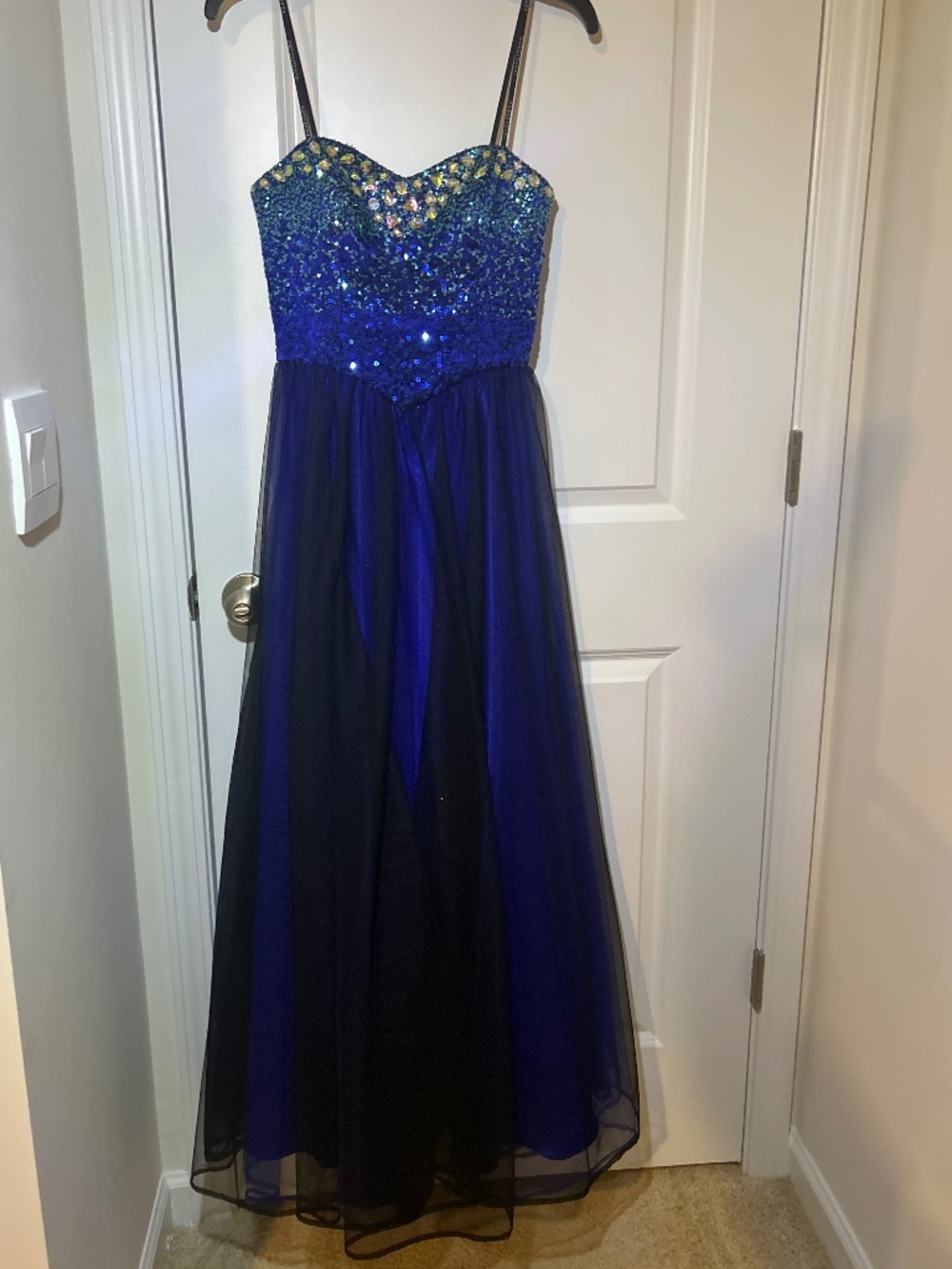 Blue Strapless Formal Gown Sequin Bodice Tulle Skirt Dress Size 3/4